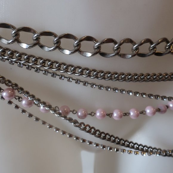 Shag Boutique Silver Multi Chain & Pink Faux Pearls Hip Chain Belt* - Picture 7 of 9